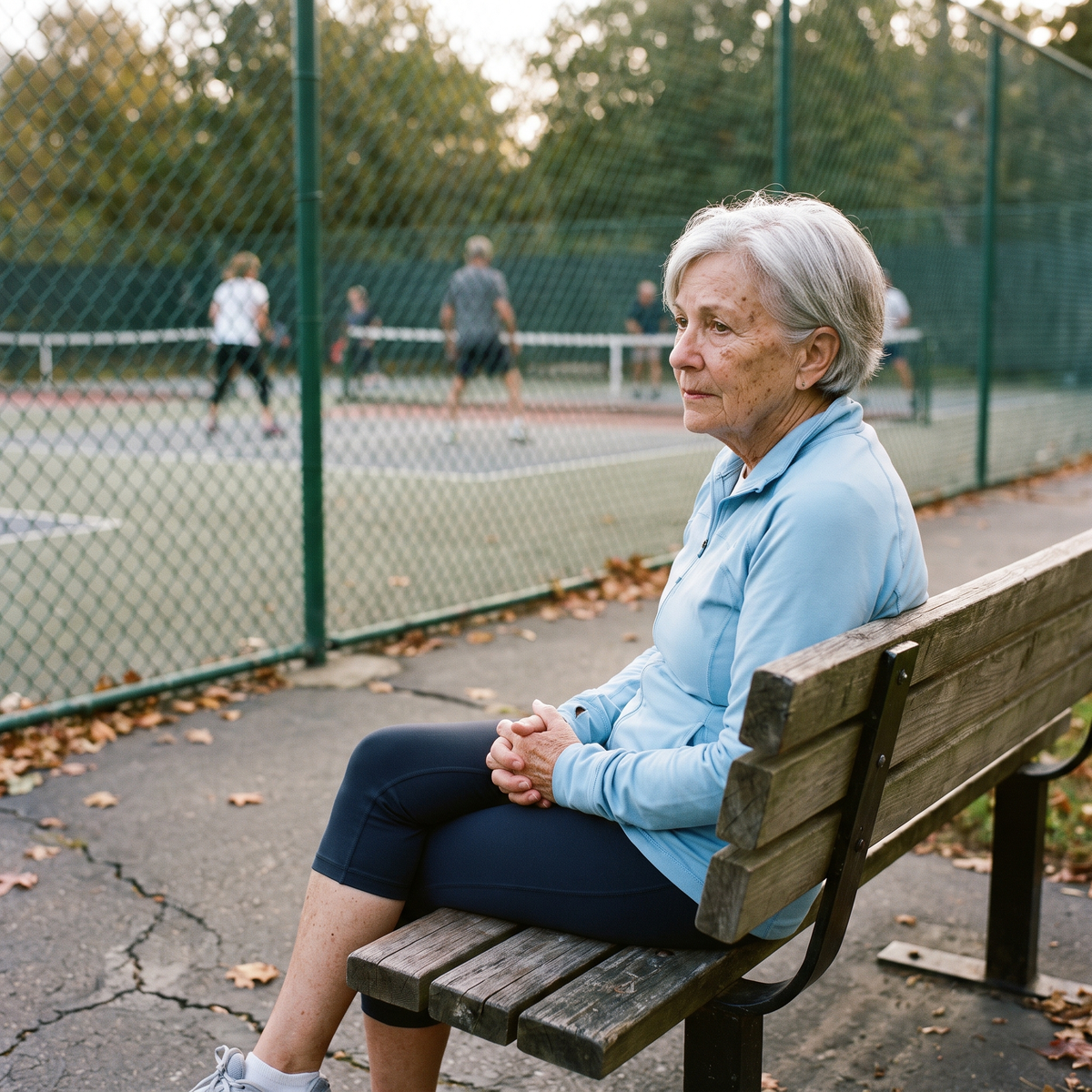 Woman sitting on a bench watching pickleball players on the court