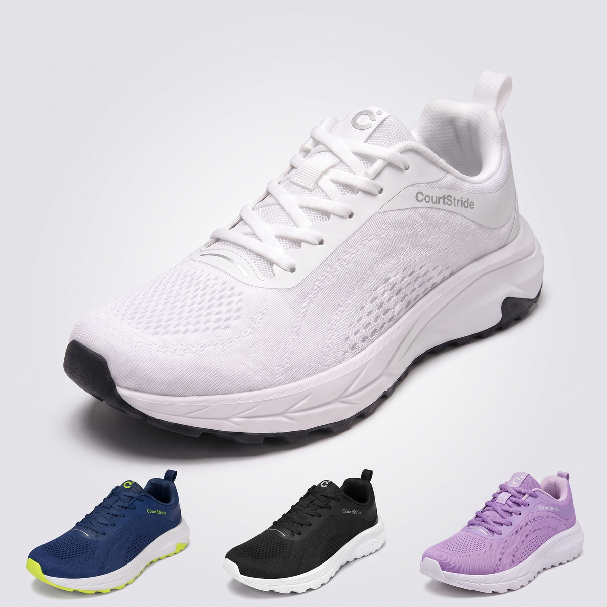 CourtStride Premier pickleball shoes in White, Navy, Black/White Sole, and Lavender/White Sole